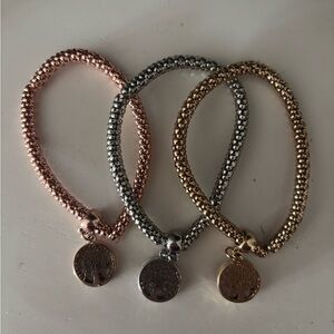 Trio of Metallic Beaded Bracelets with Tree of Life Charms